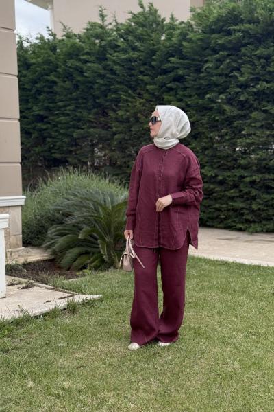 Ham Keten Dikiş Detaylı Gömlek Bordo