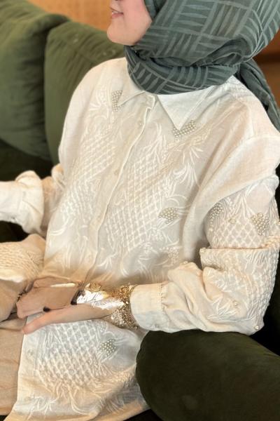 Nakışlı Keten Gömlek Ekru