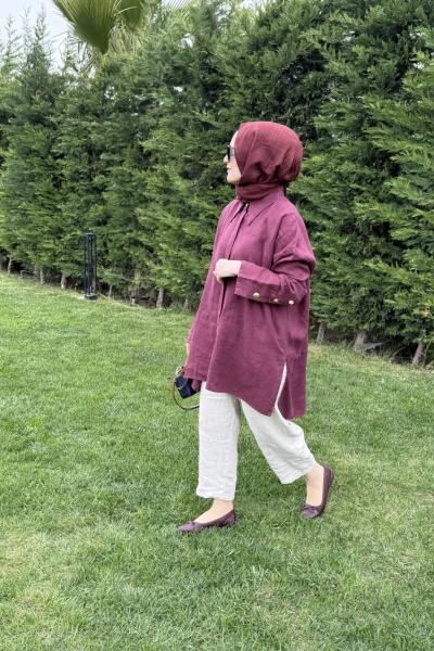 Ham Keten Kalın Manşetli gömlek Vişne