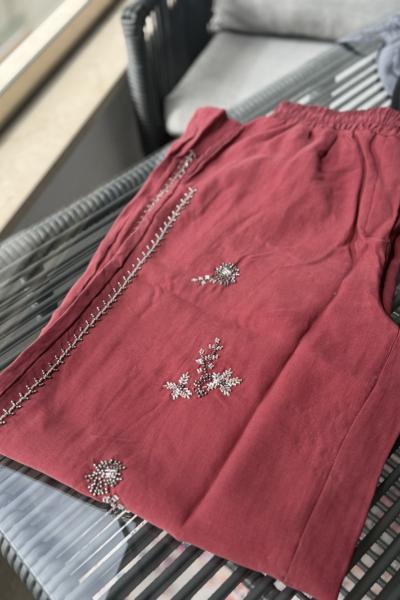 Nakışlı Tensel Pantolon Bordo